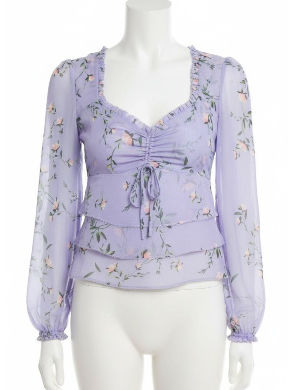 Intermix Norah Silk Floral Lavender Ruffle Trim Tiered Blouse Womens 0 Lavender
